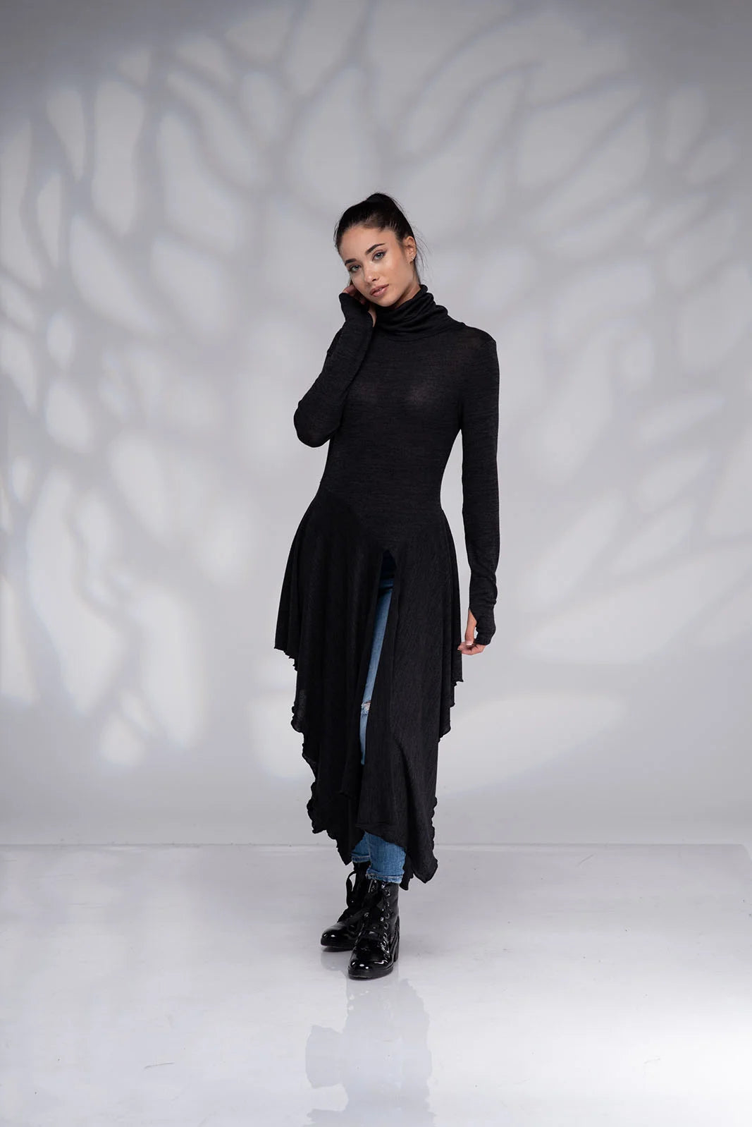 Long Black Asymmetrical Tunic Top with Thumb Hole Sleeves - Turtleneck High Low