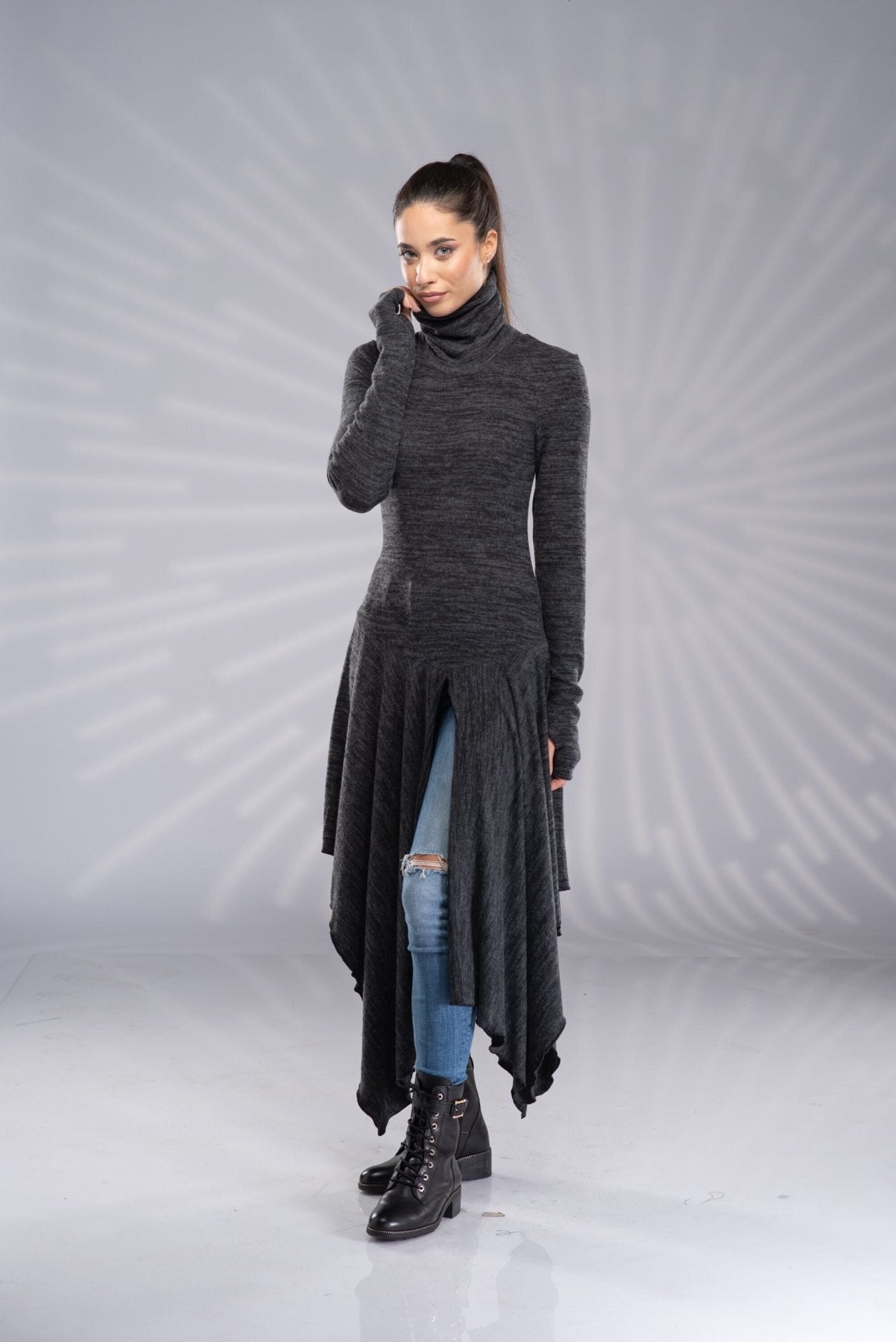 Long Turtleneck Asymmetrical High Low Draped Tunic with Thumb Hole