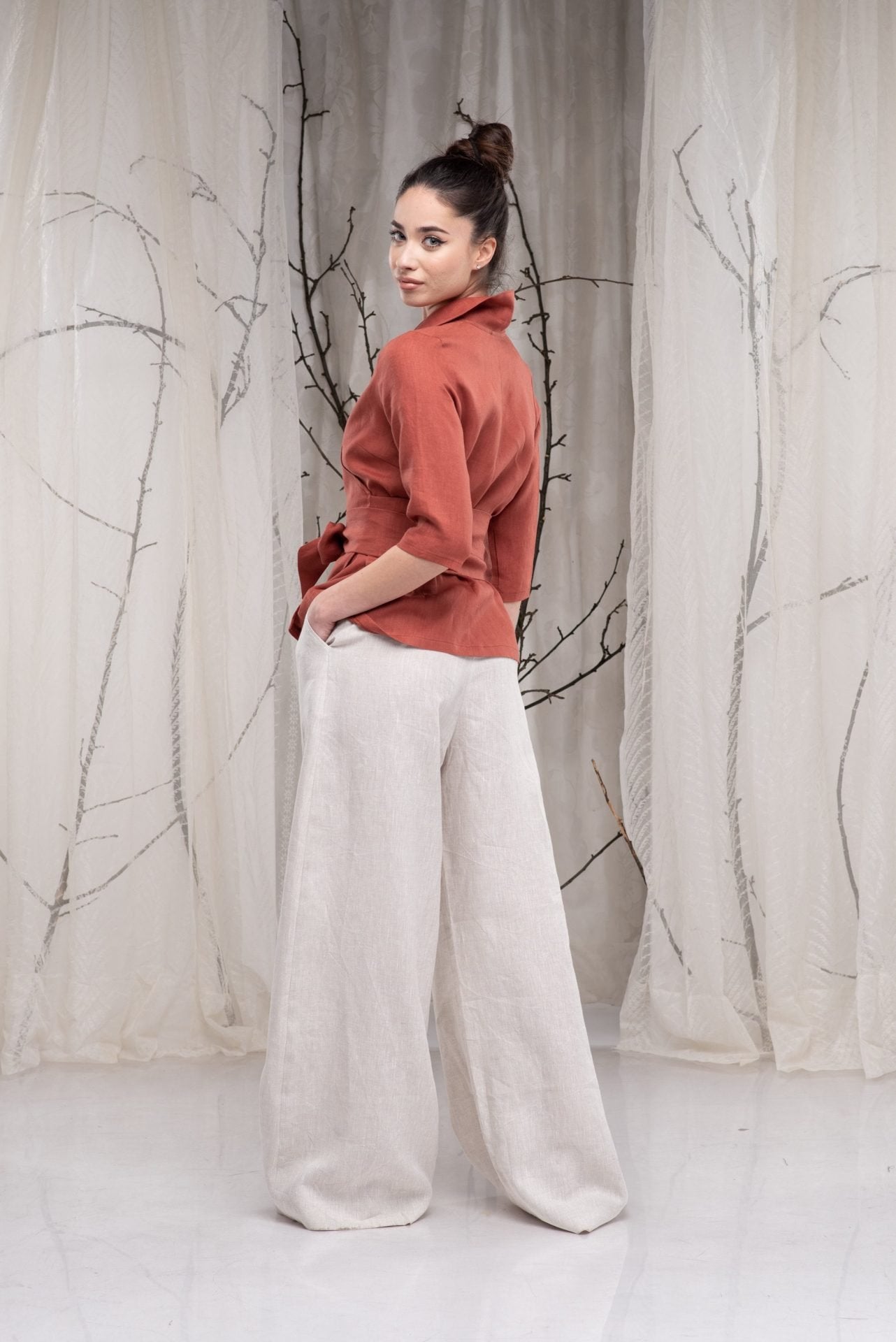 Summer Linen Rust Wrap Kimono Top