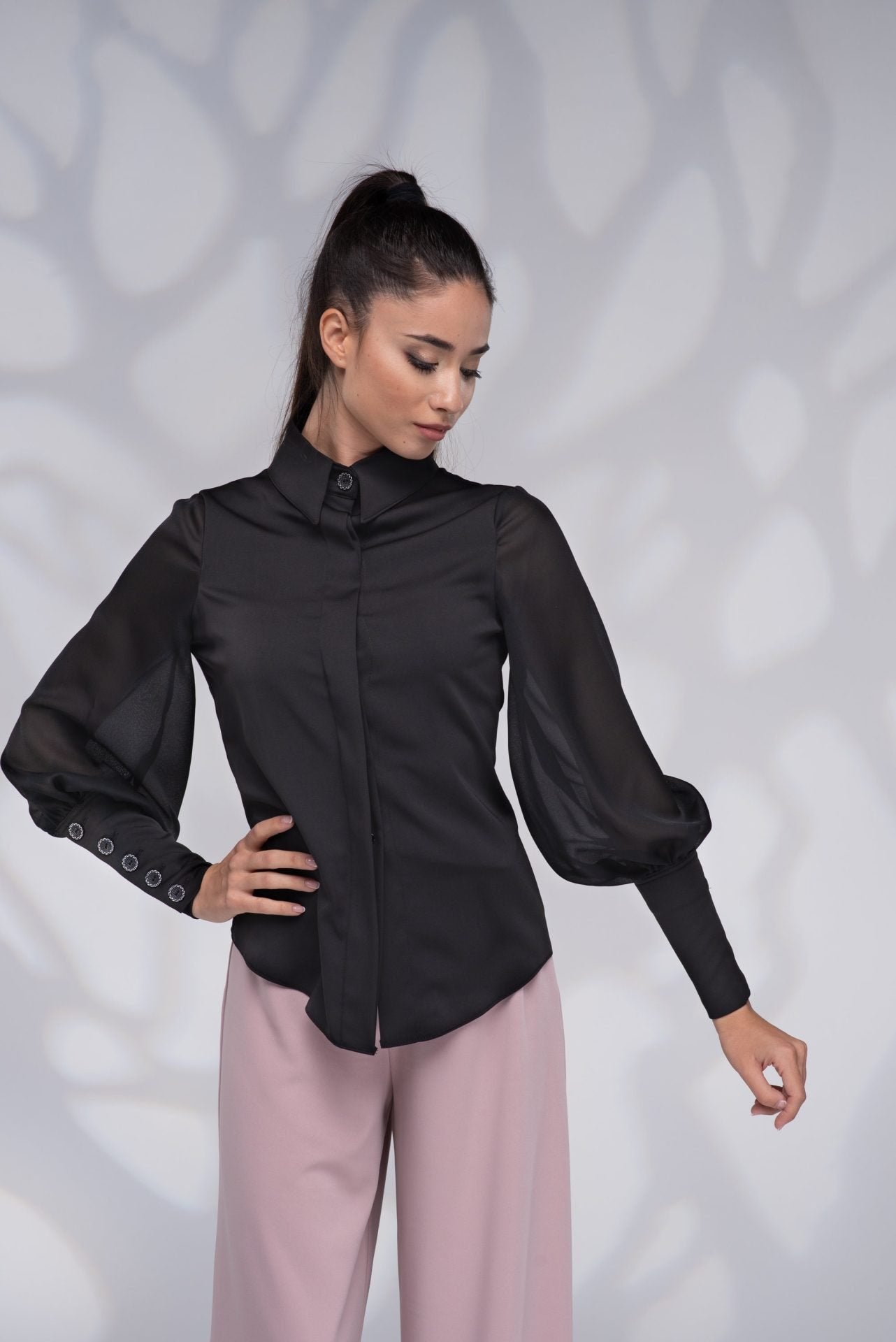 Black Button Up Victorian Long Puff Sleeve Blouse with Collar