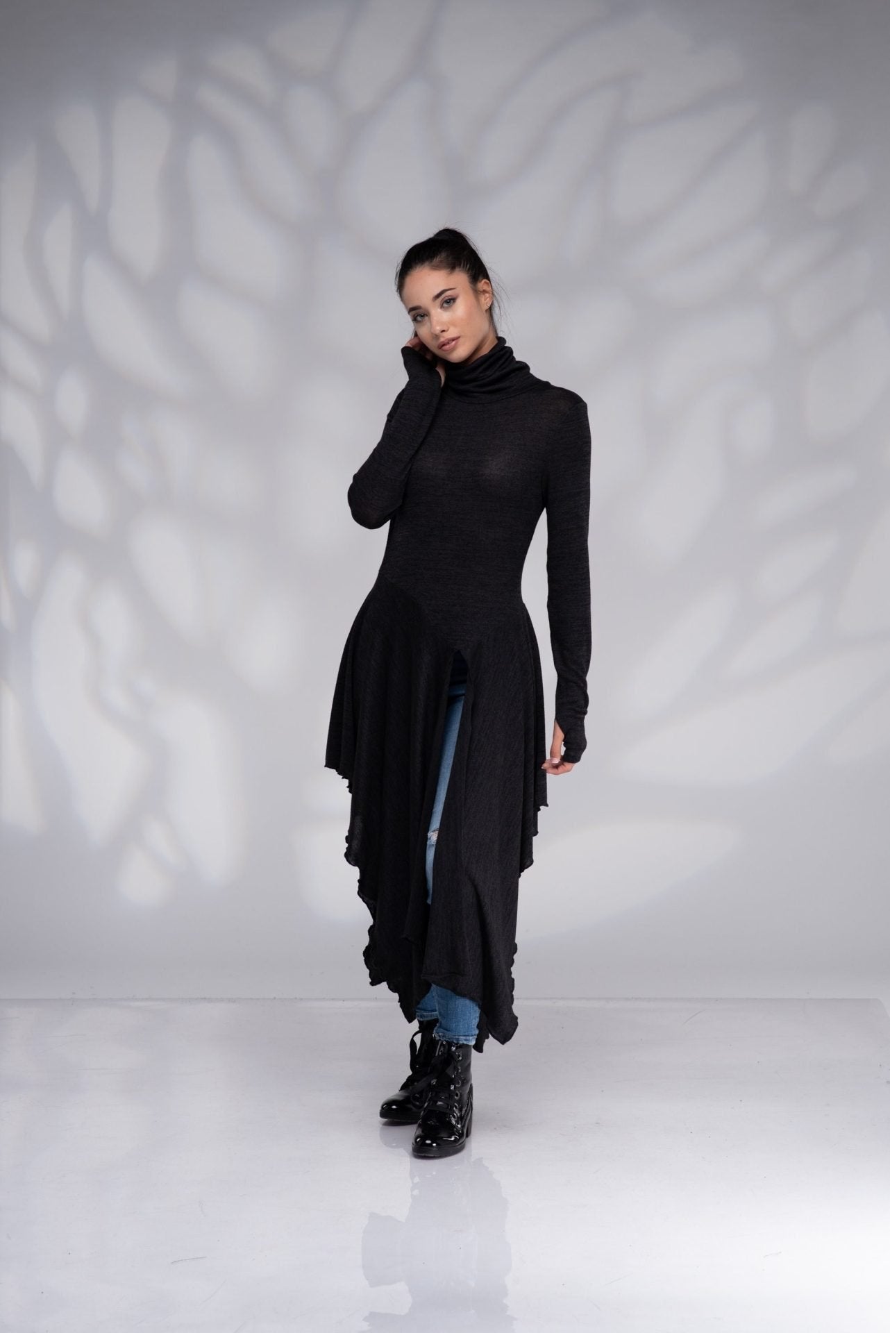 Long Turtleneck Asymmetrical High Low Draped Tunic with Thumb Hole