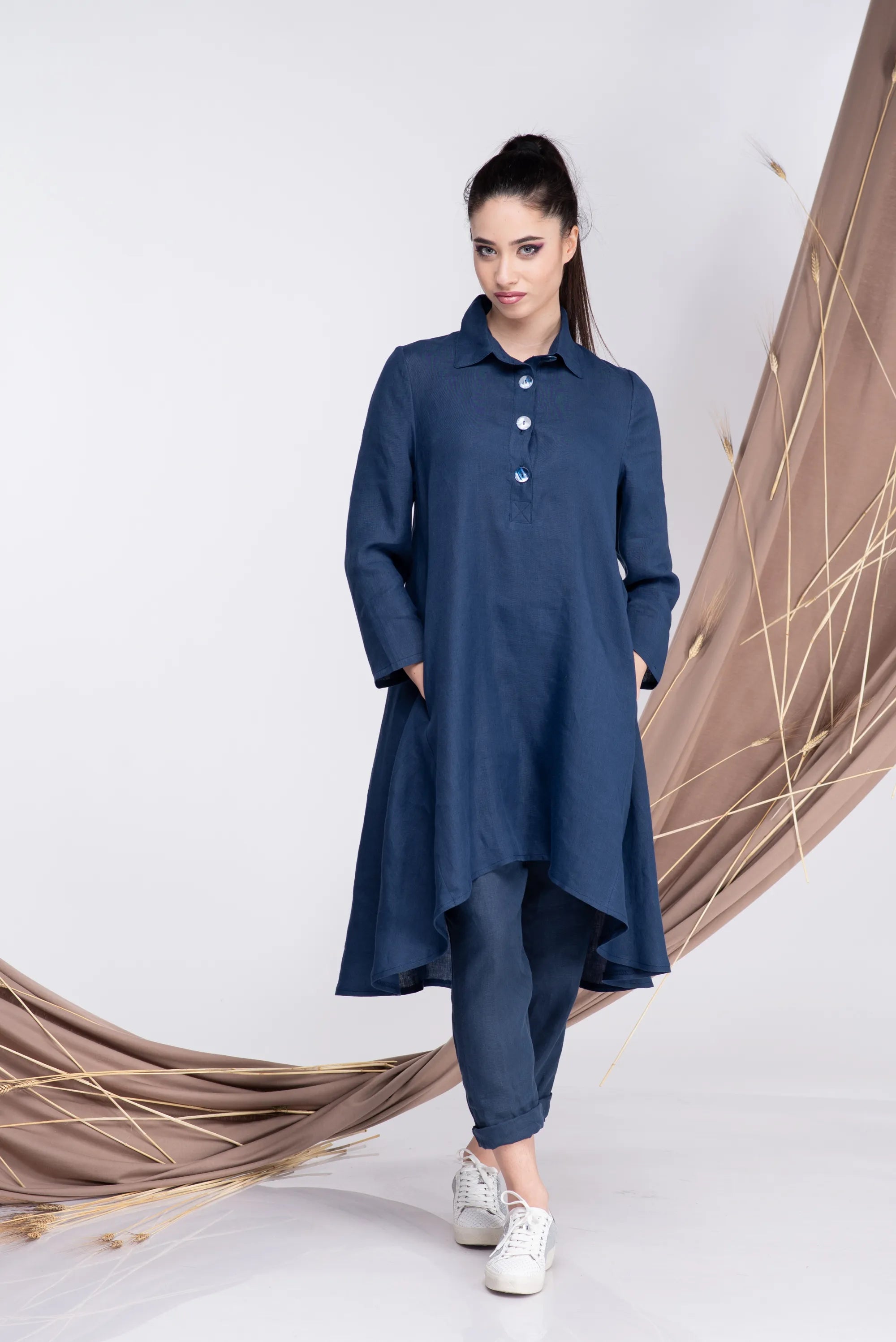 Blue Linen Plus Size Tunic Top-Danellys.webp