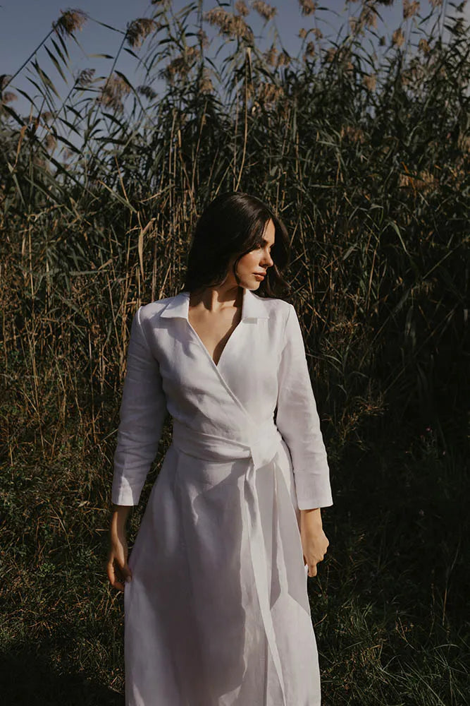 Classic White Linen Wrap Dress with V-Neck and Tie Waist