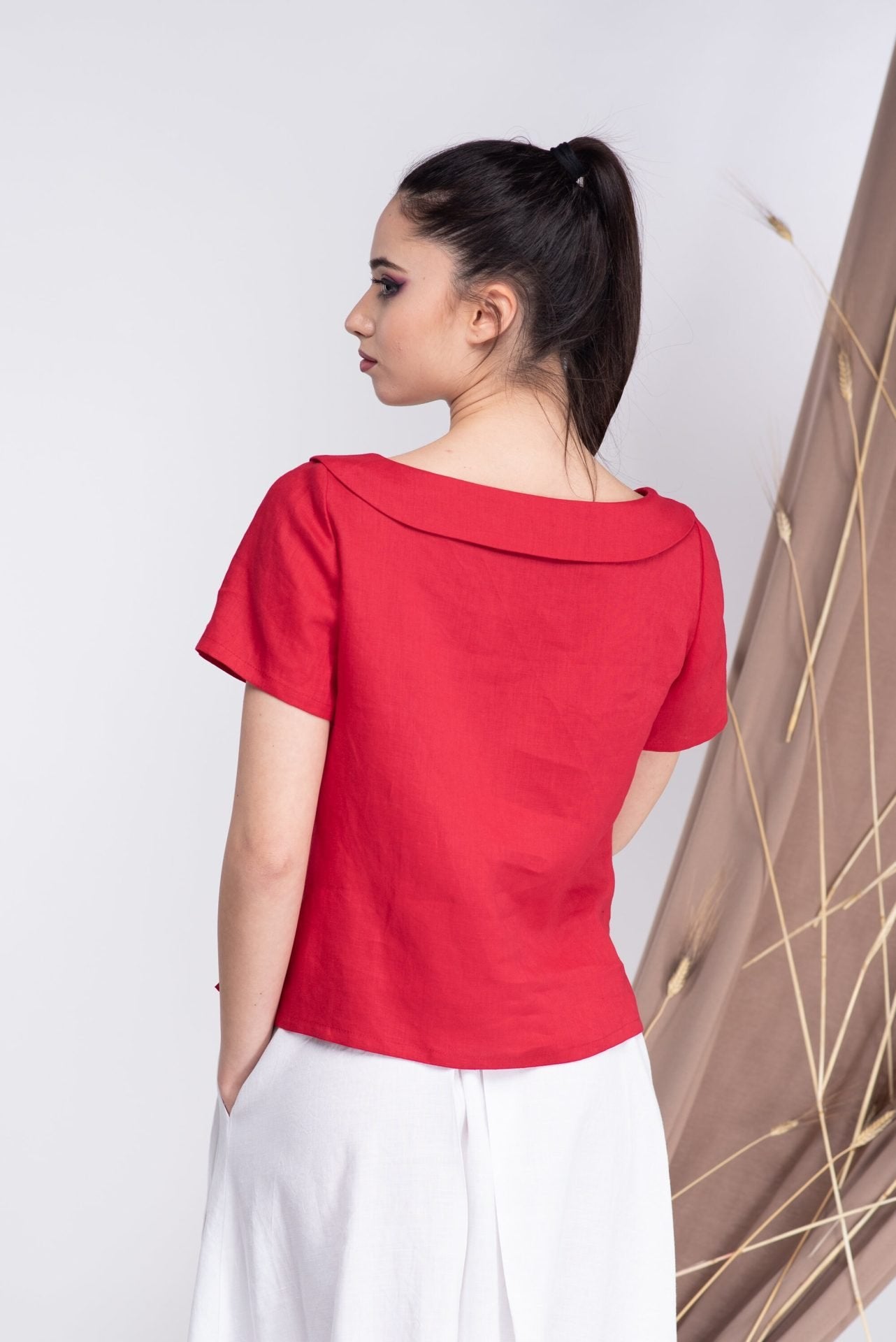 Linen Red Short Sleeve Basic Blouse