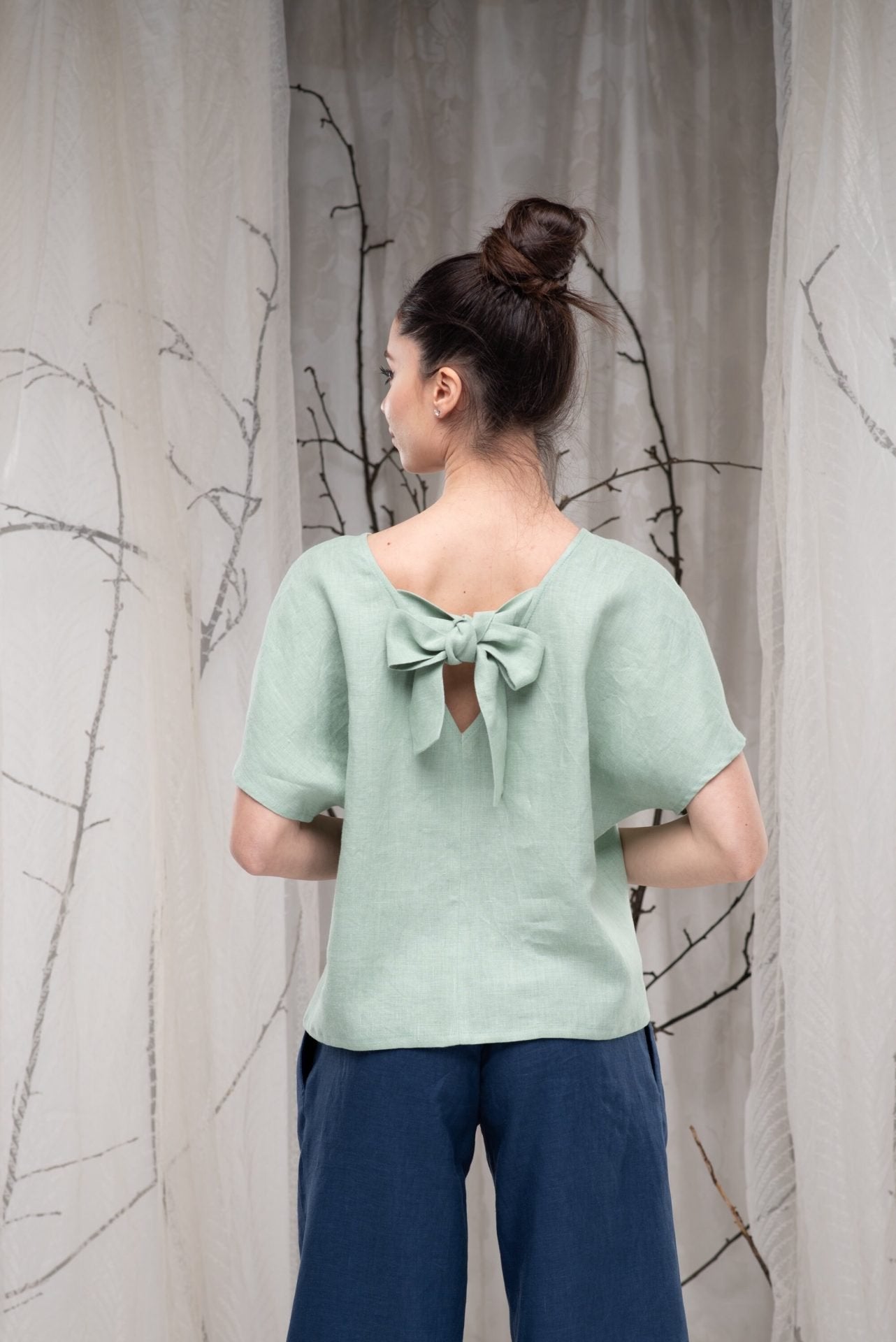 Linen Loose Kimono Sleeve Blouse with Short Sleeve and Bow on the Back