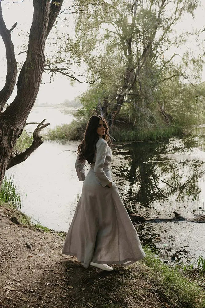 Bridesmaid Light Gray Linen Maxi Dress with Long Shawl Collar and Linen Belt