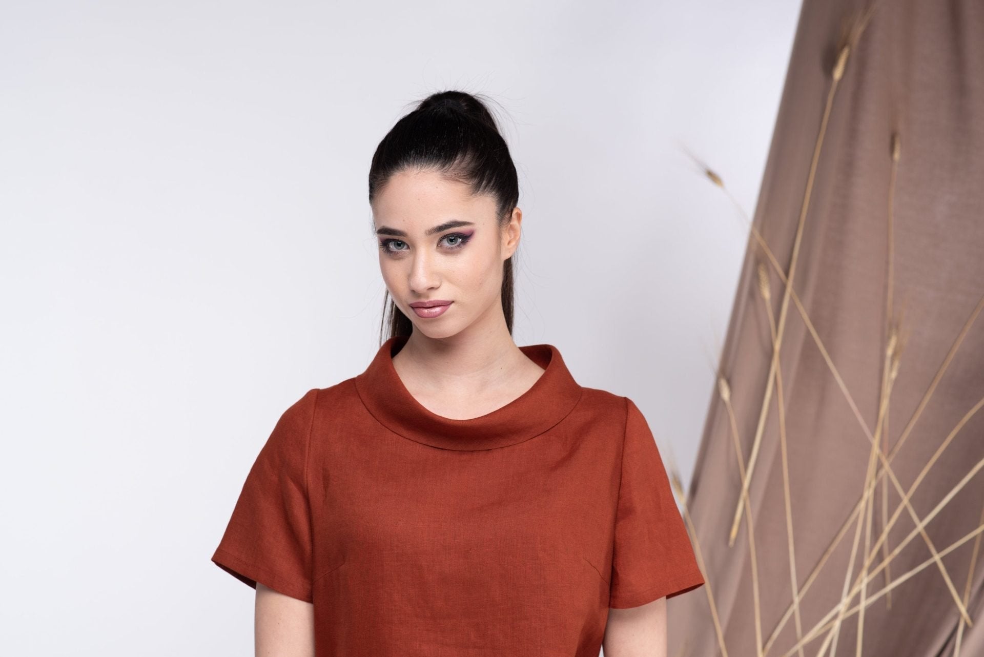 Linen Short Sleeves Burnt Orange Blouse