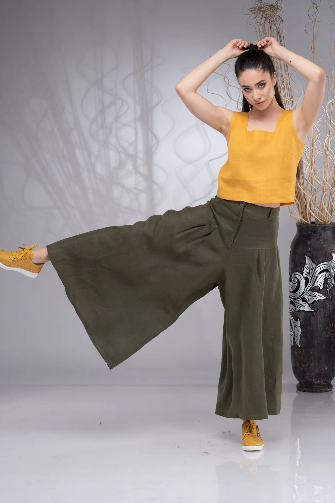 Khaki Linen Wide Leg Boho Palazzo Culottes-Danellys-5.webp