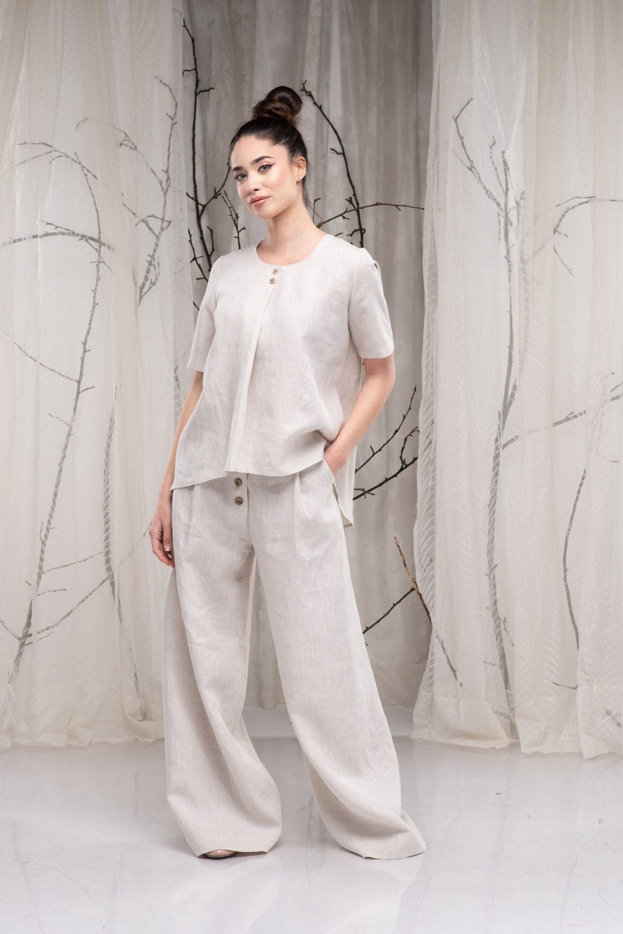 Linen Short Sleeve Elegant Loose Blouse with Buttons on the Back