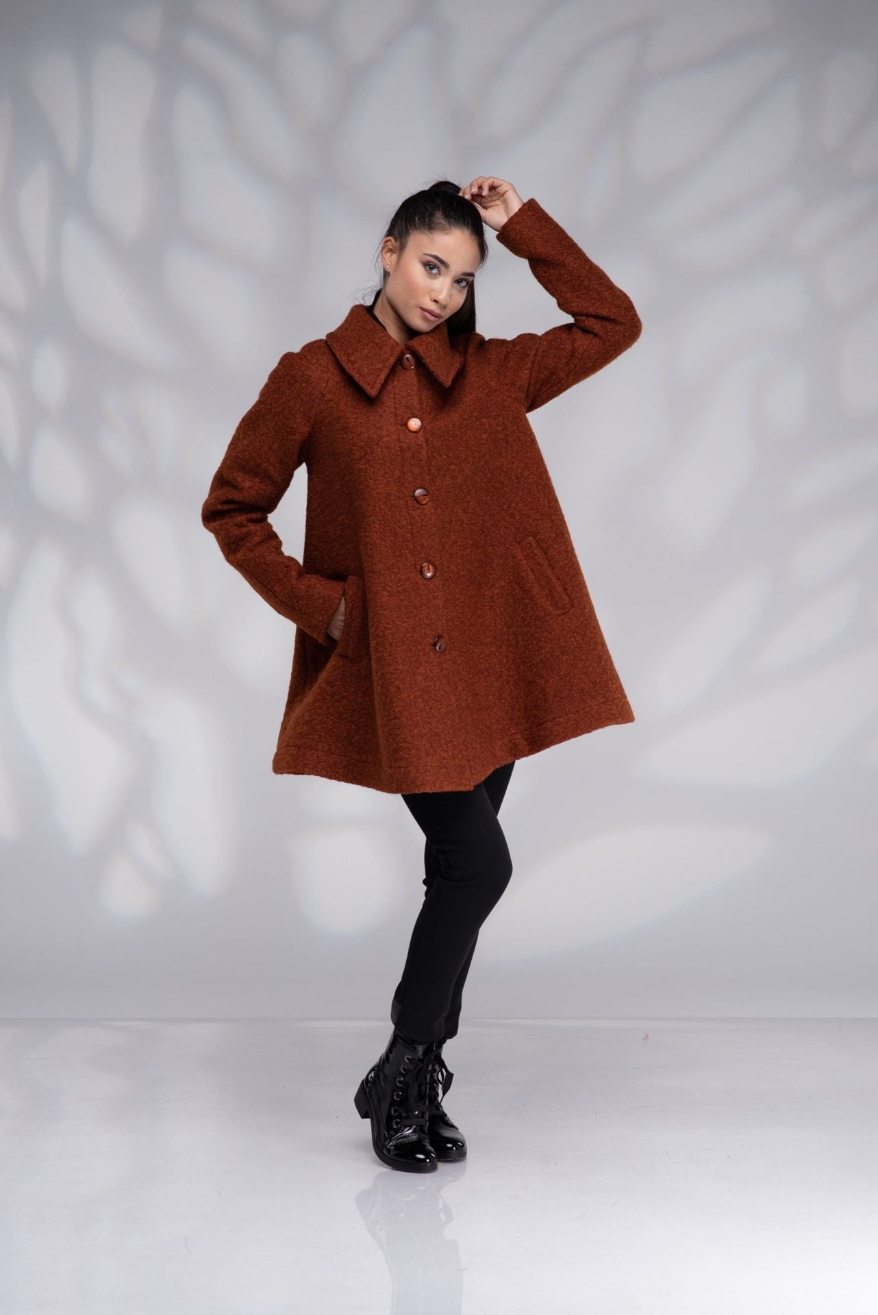 Wool Swing Plus Size Short A-Line Burnt Orange Coat