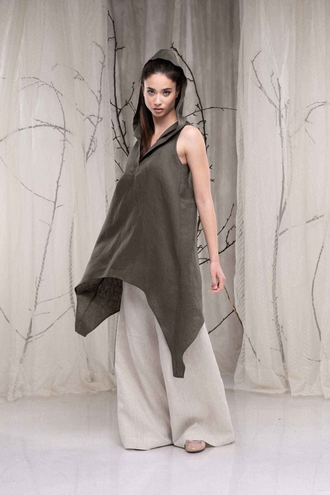 Hooded Linen Asymmetrical Sleeveless Oversized Tunic Shirt