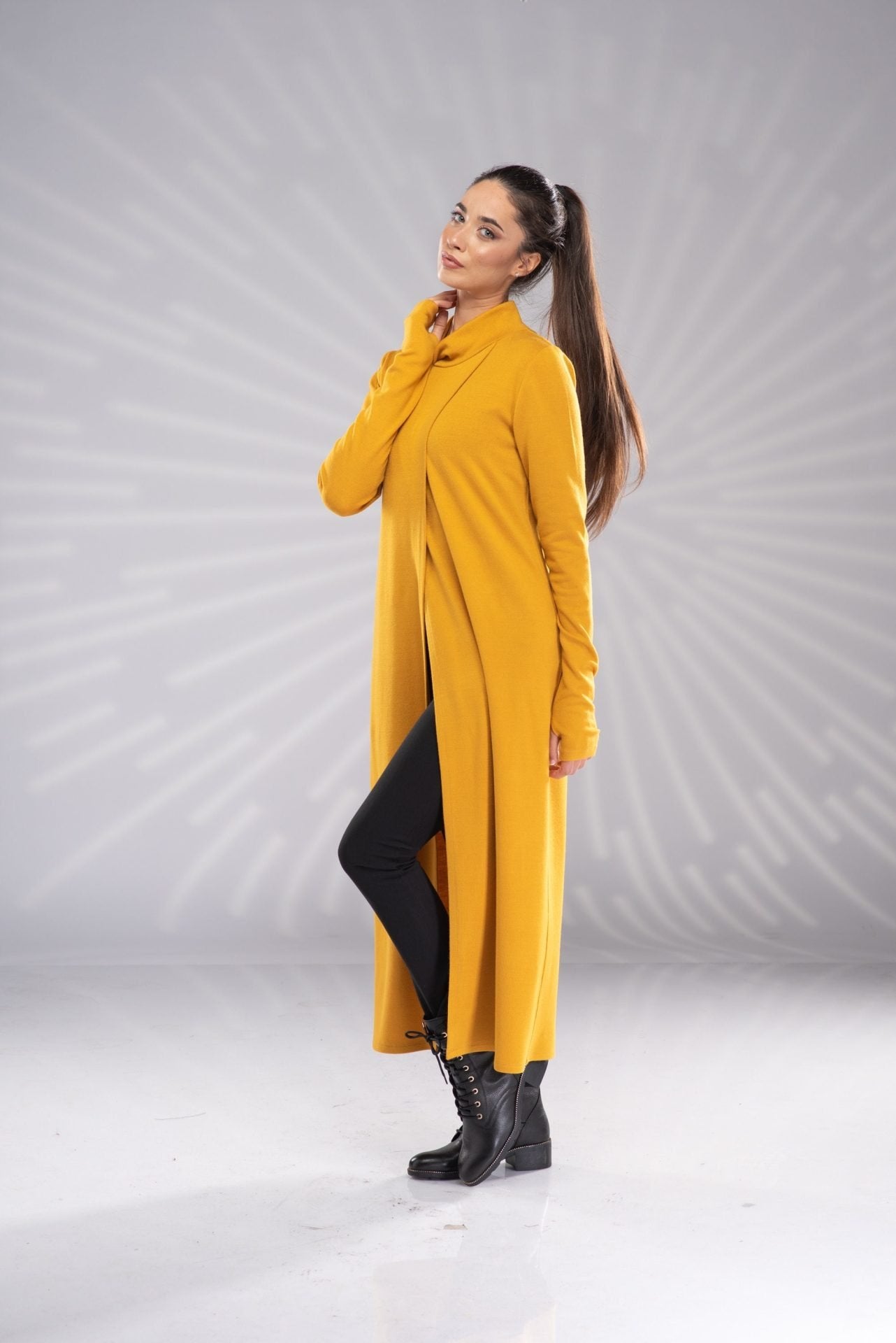 Knit Mustard Maxi Tunic Sweater Dress Side Slit with Turtleneck