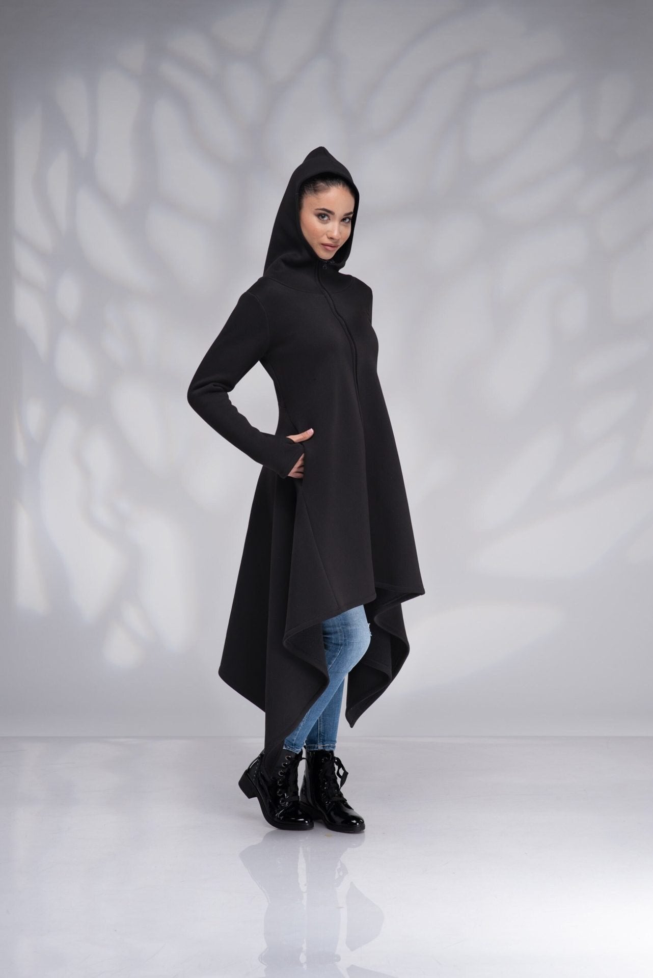 Cotton Hooded Maxi Coat Long Zip up Black Gothic Jacket
