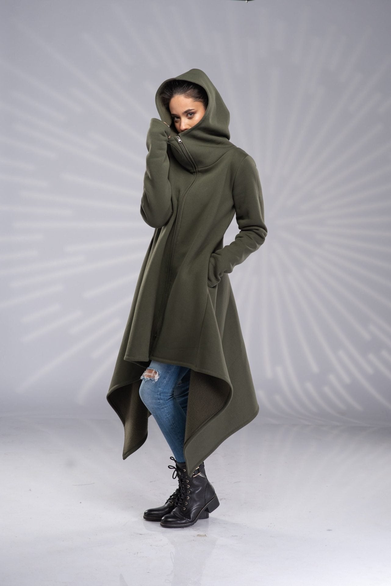 Maxi Asymmetrical Hoodie Cowl Neck Cotton Coat with Zipper