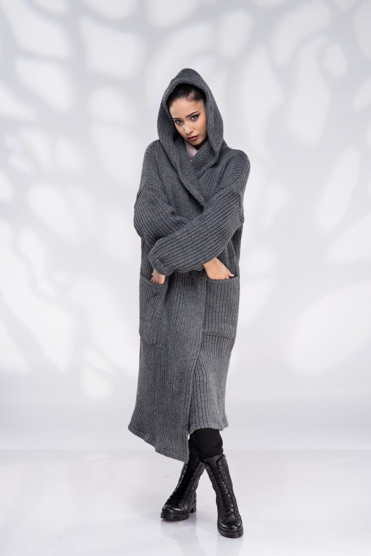 Knit Wool Sweater Coat Long Hooded Cardigan