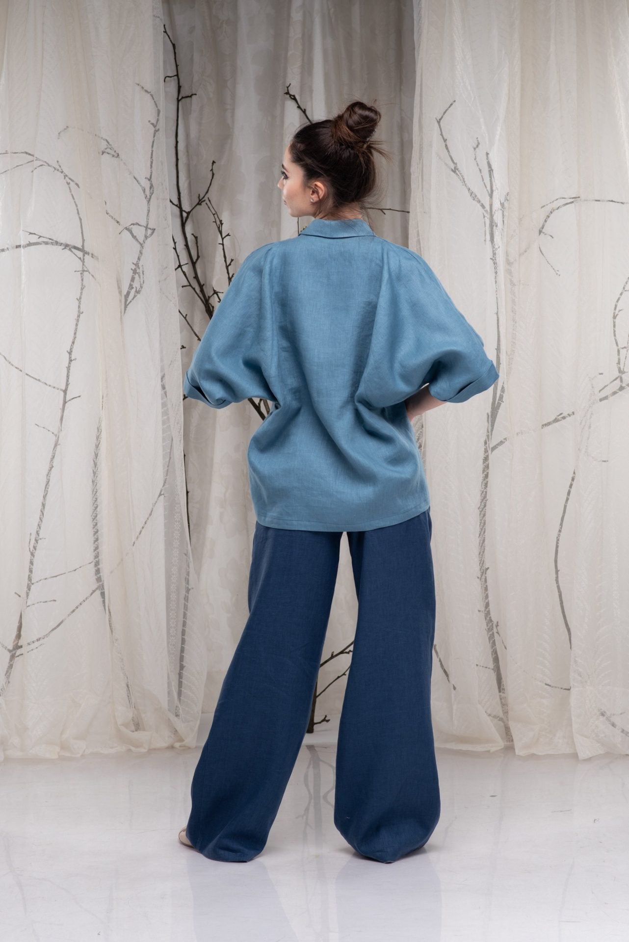 Loose Linen Shawl Collar Blouse with Short Kimono Sleeves