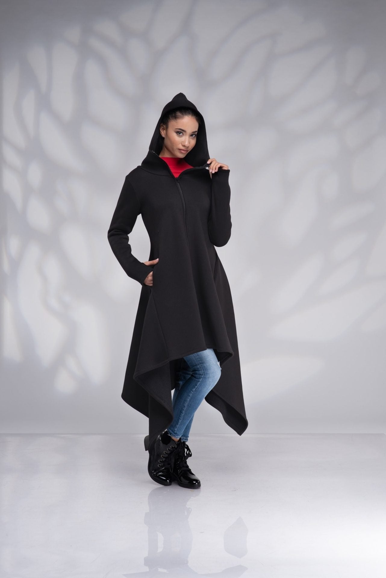 Maxi Asymmetrical Hoodie Cowl Neck Cotton Coat with Zipper
