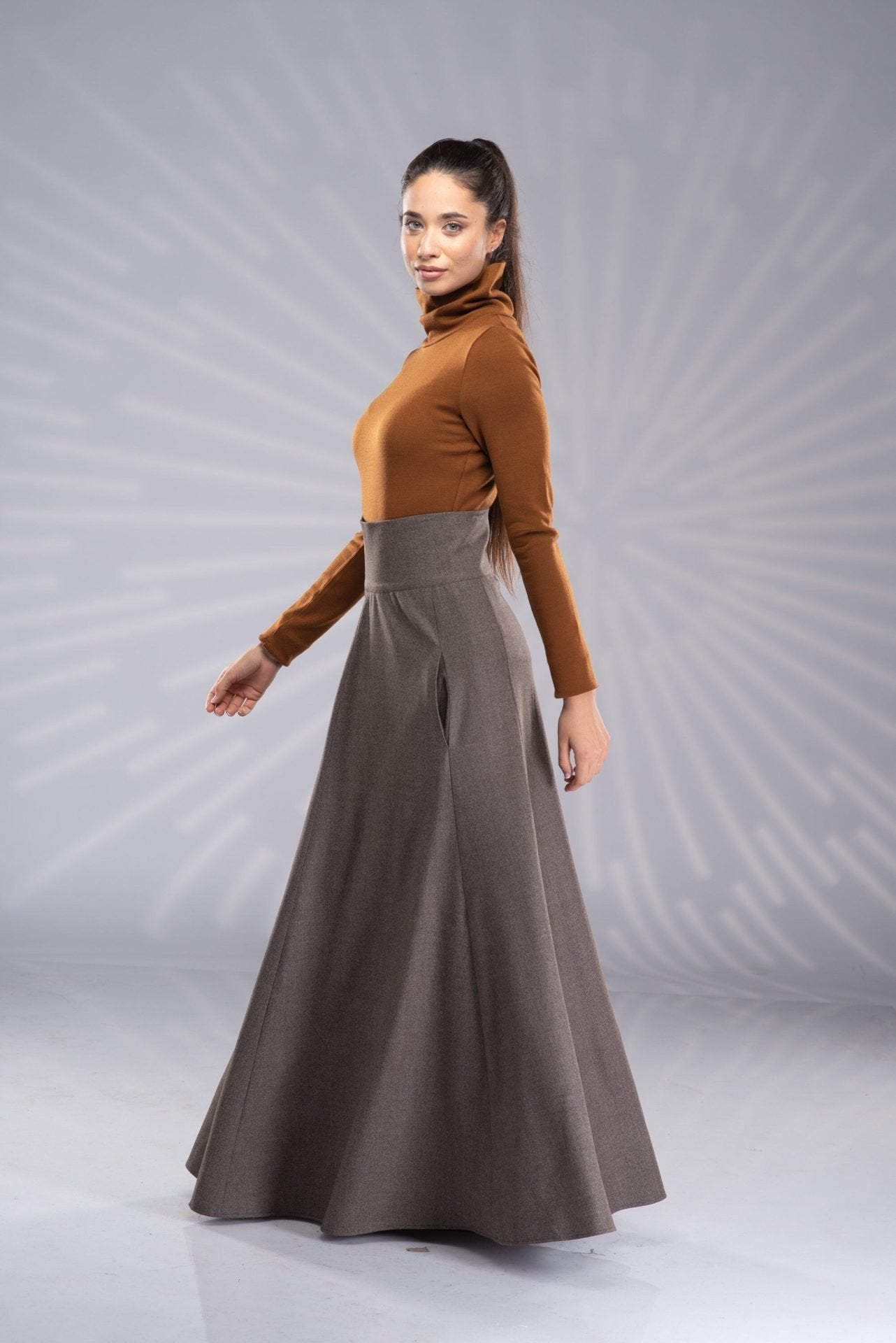 Long Wool Victorian Walking Winter Skirt with High Waist