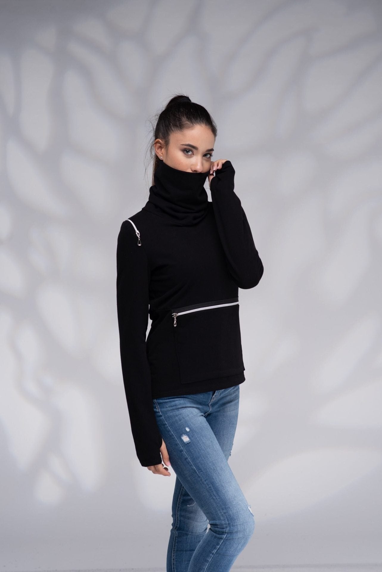 Fitted Turtleneck High Neck Warm Winter Sweatshirt with Zipper