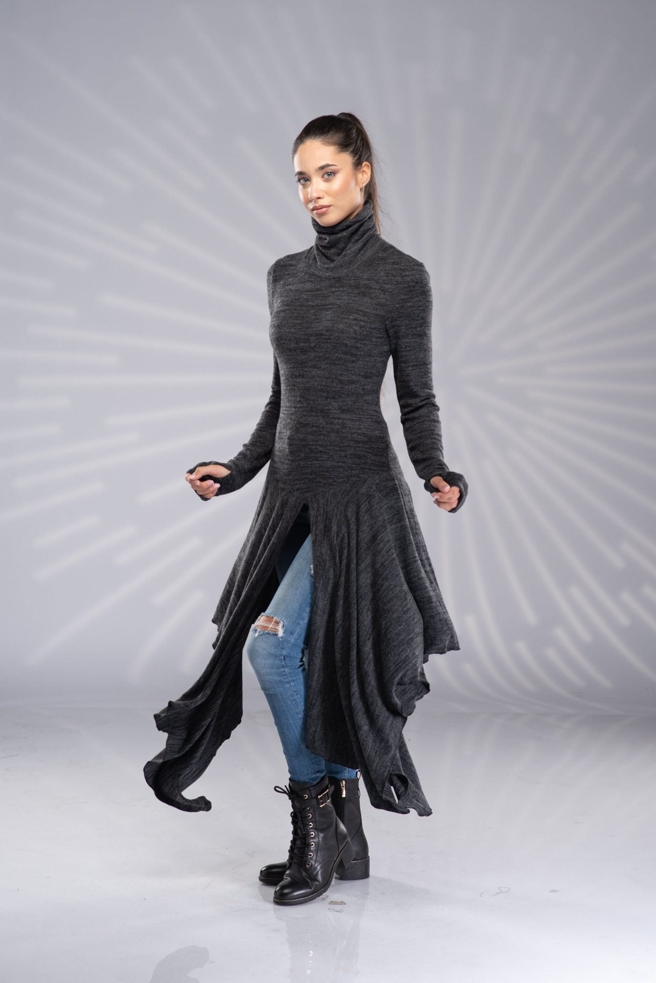 Long Turtleneck Asymmetrical High Low Draped Tunic with Thumb Hole