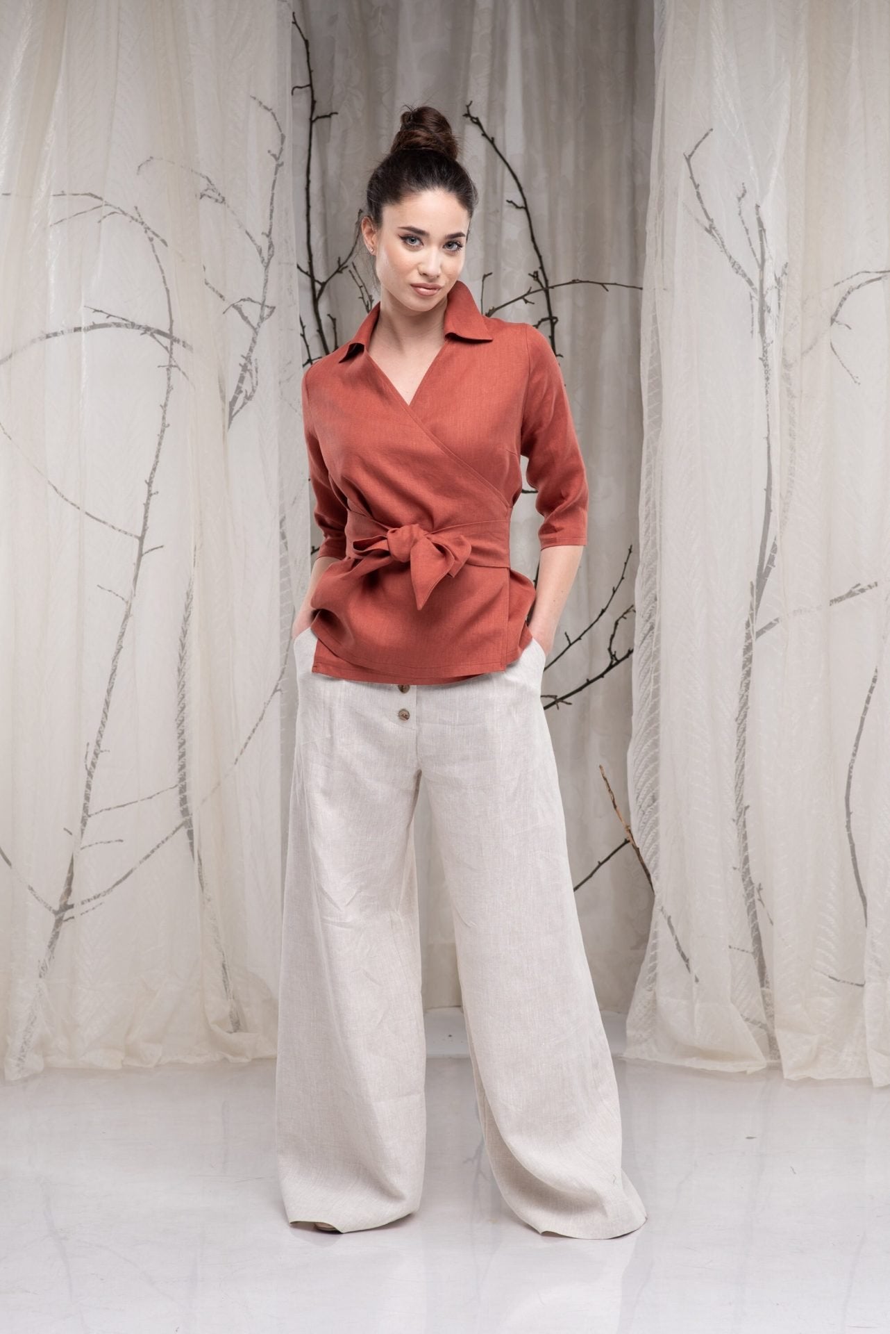 Linen Wide Leg Palazzo Trousers with Two Pockets