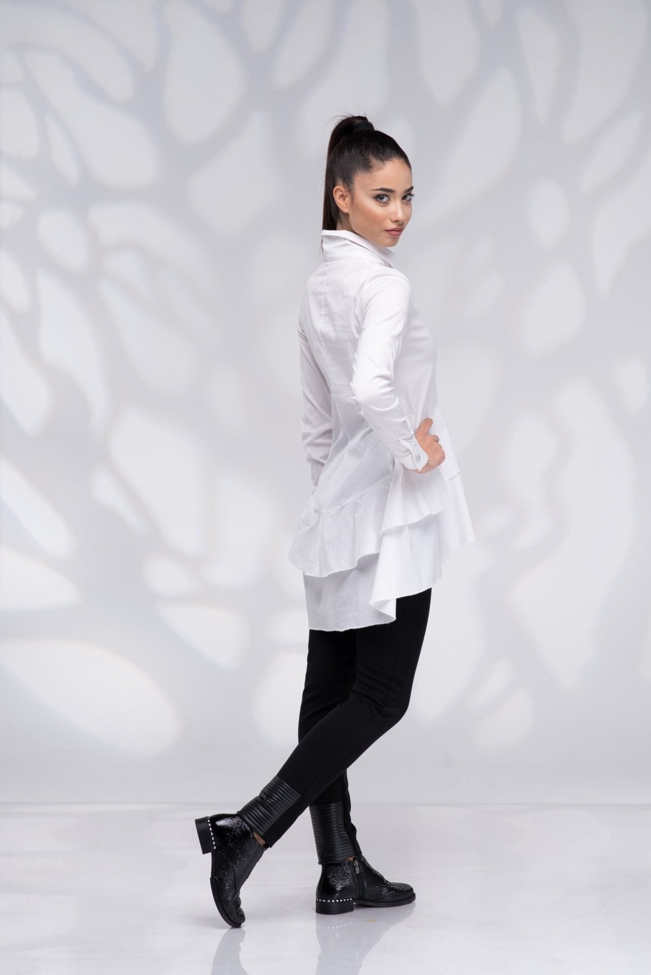 Maxi White Asymmetric Ruffle Collared Tunic Shirt