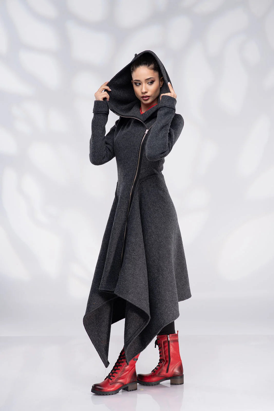 Long Wool Coat with Hood - Asymmetrical Zip Up Coat-Danellys-4.webp
