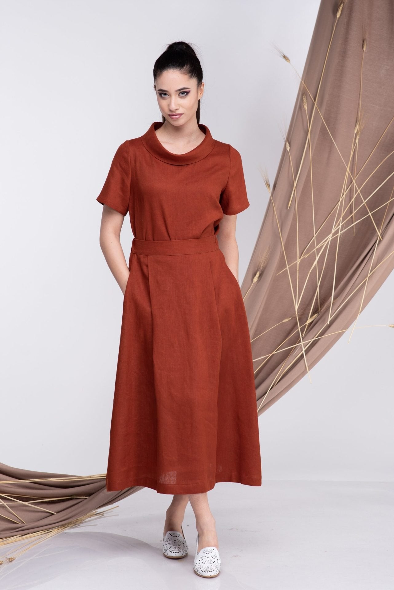 Linen Short Sleeves Burnt Orange Blouse