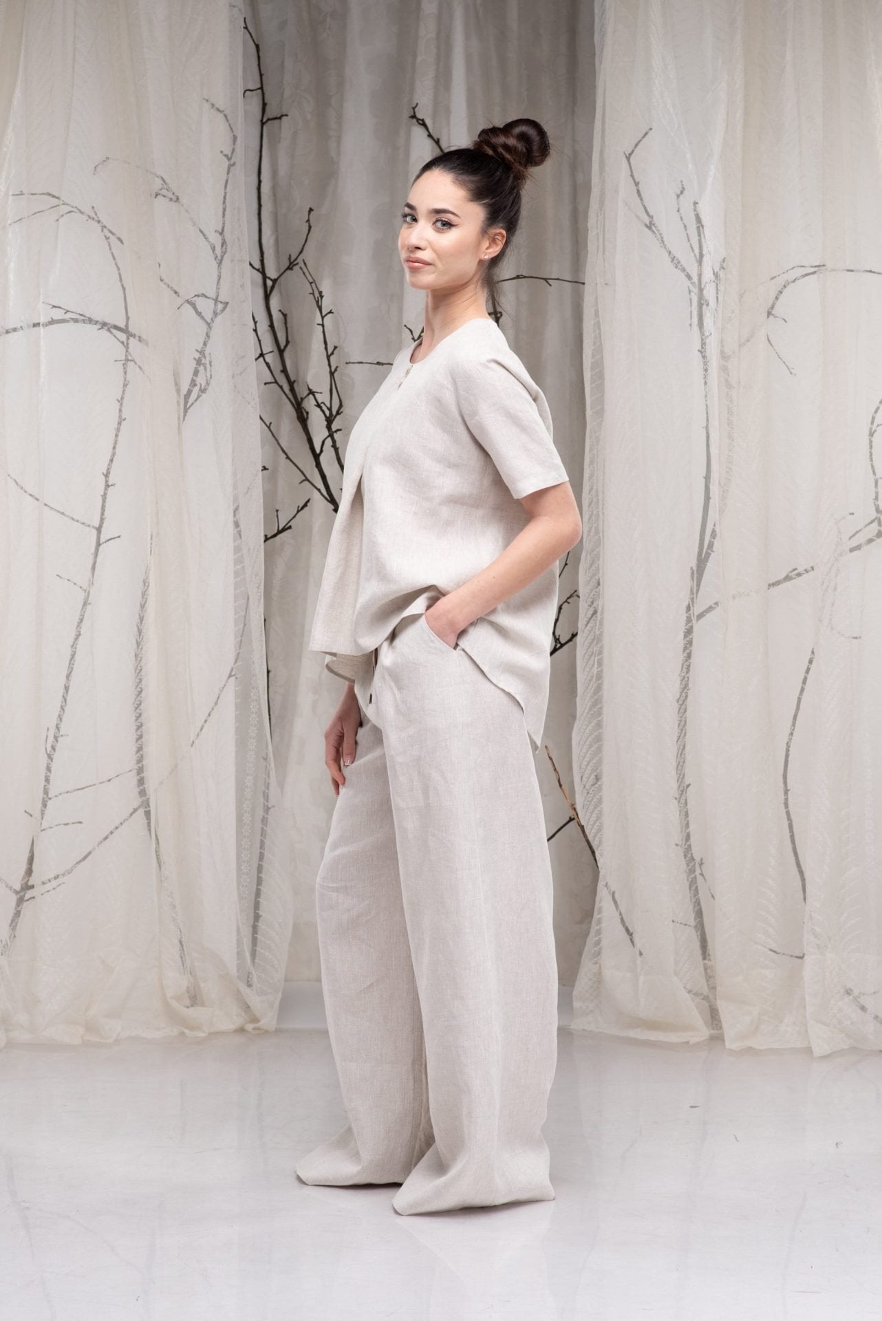 Linen Short Sleeve Elegant Loose Blouse with Buttons on the Back