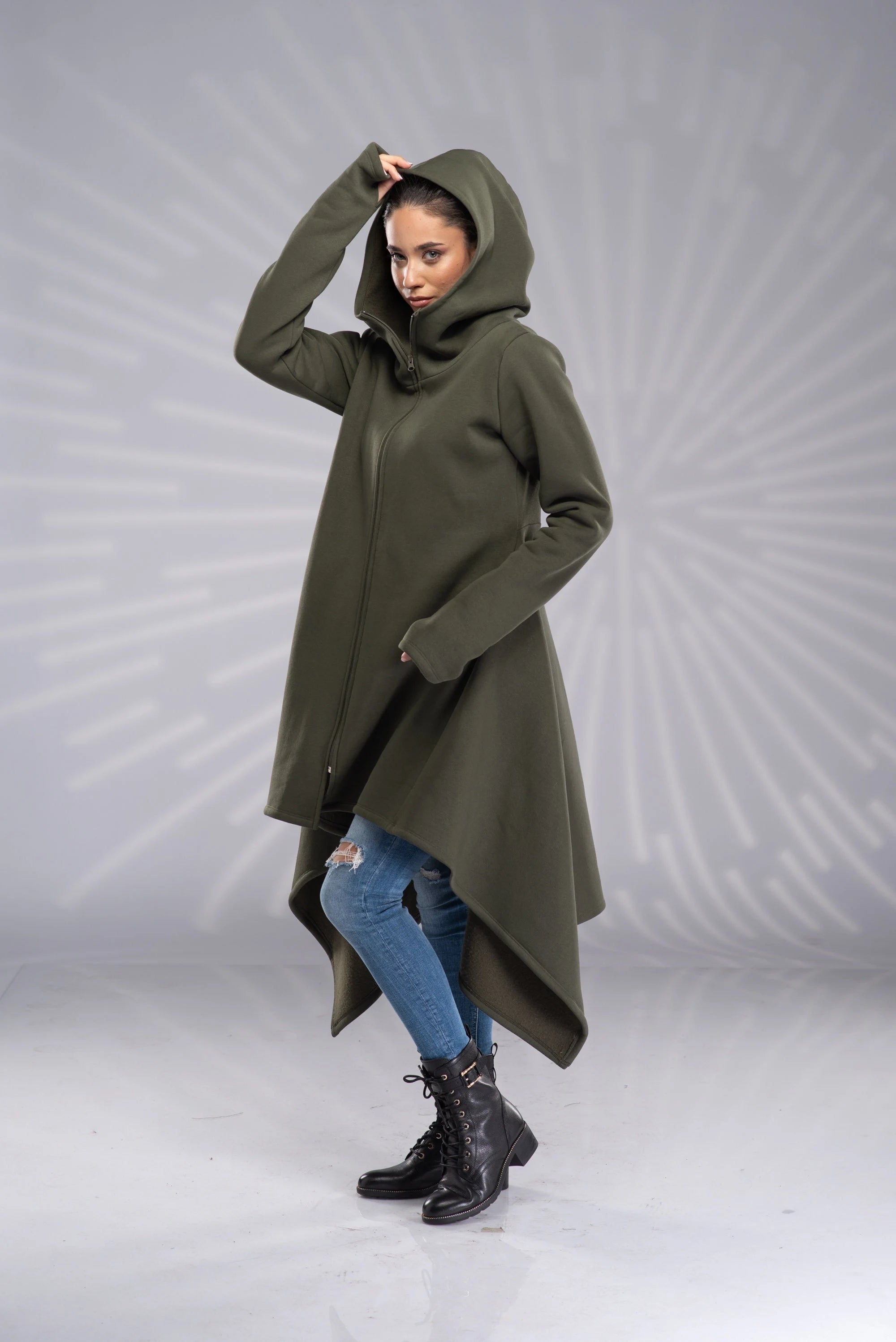 Maxi Asymmetrical Hoodie Cowl Neck Cotton Coat with Zipper-Danellys.webp