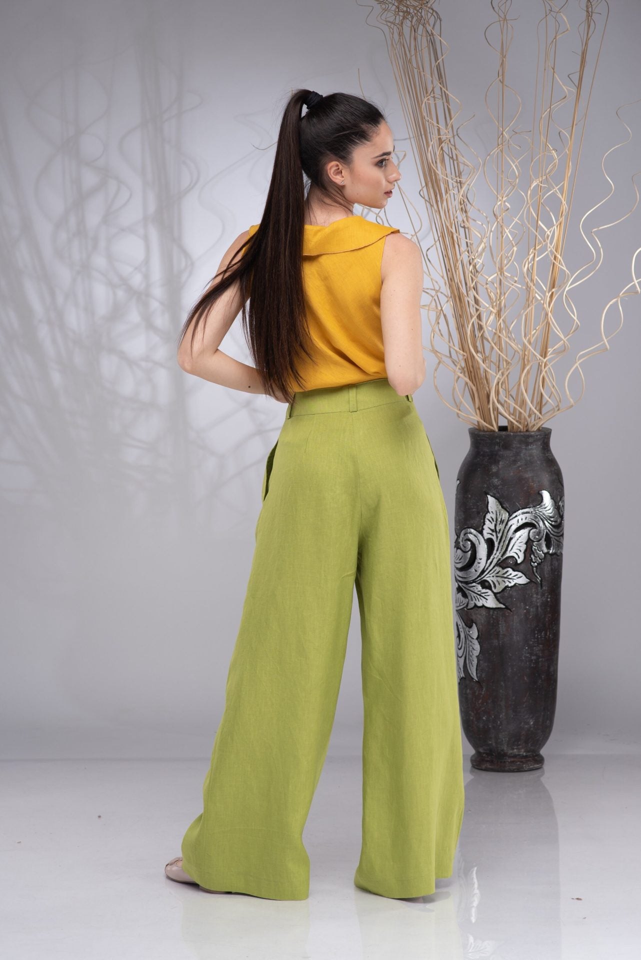 Linen Wide Leg Palazzo Pants with Elastic Waist