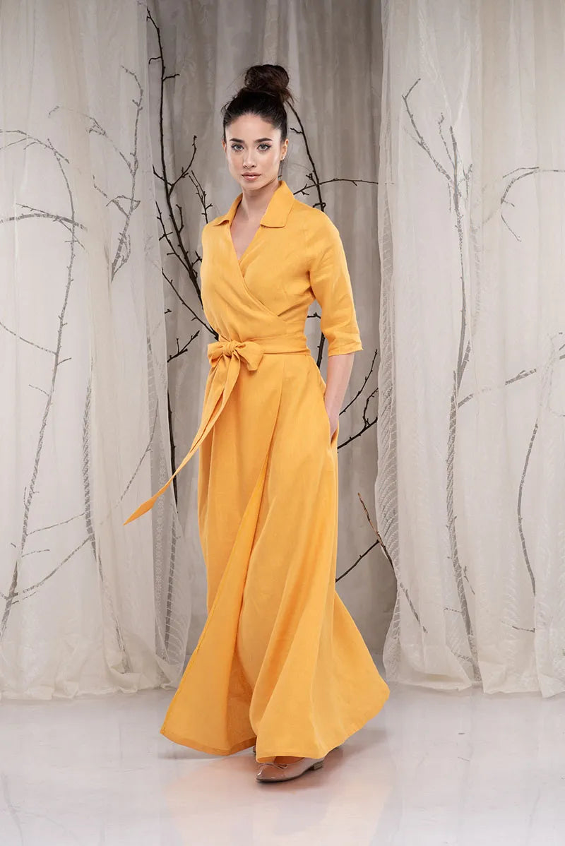 Yellow Linen Maxi Dress with Collar