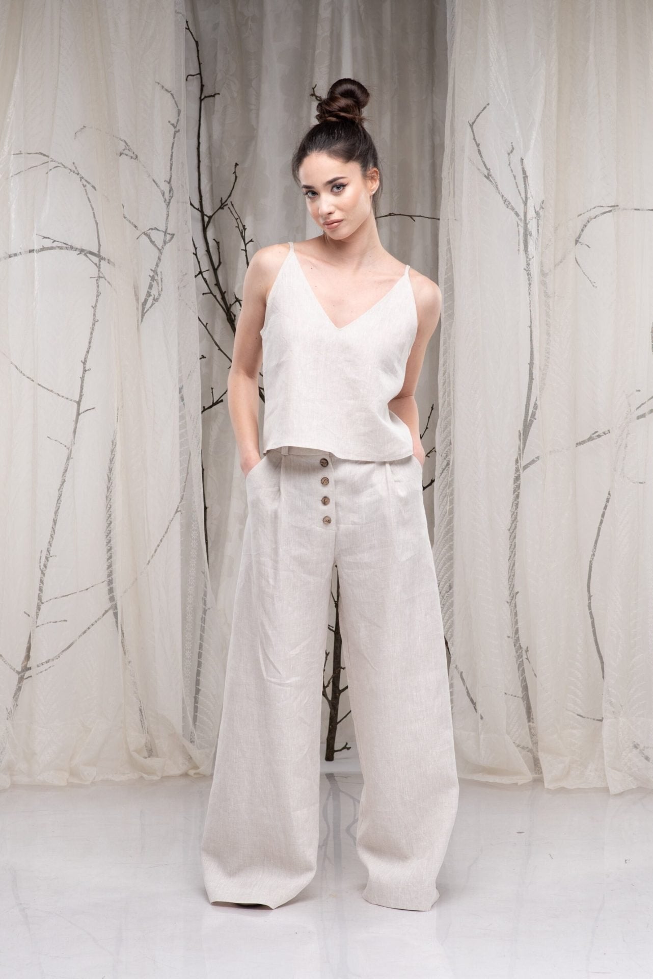 Linen Wide Leg Palazzo Trousers with Two Pockets