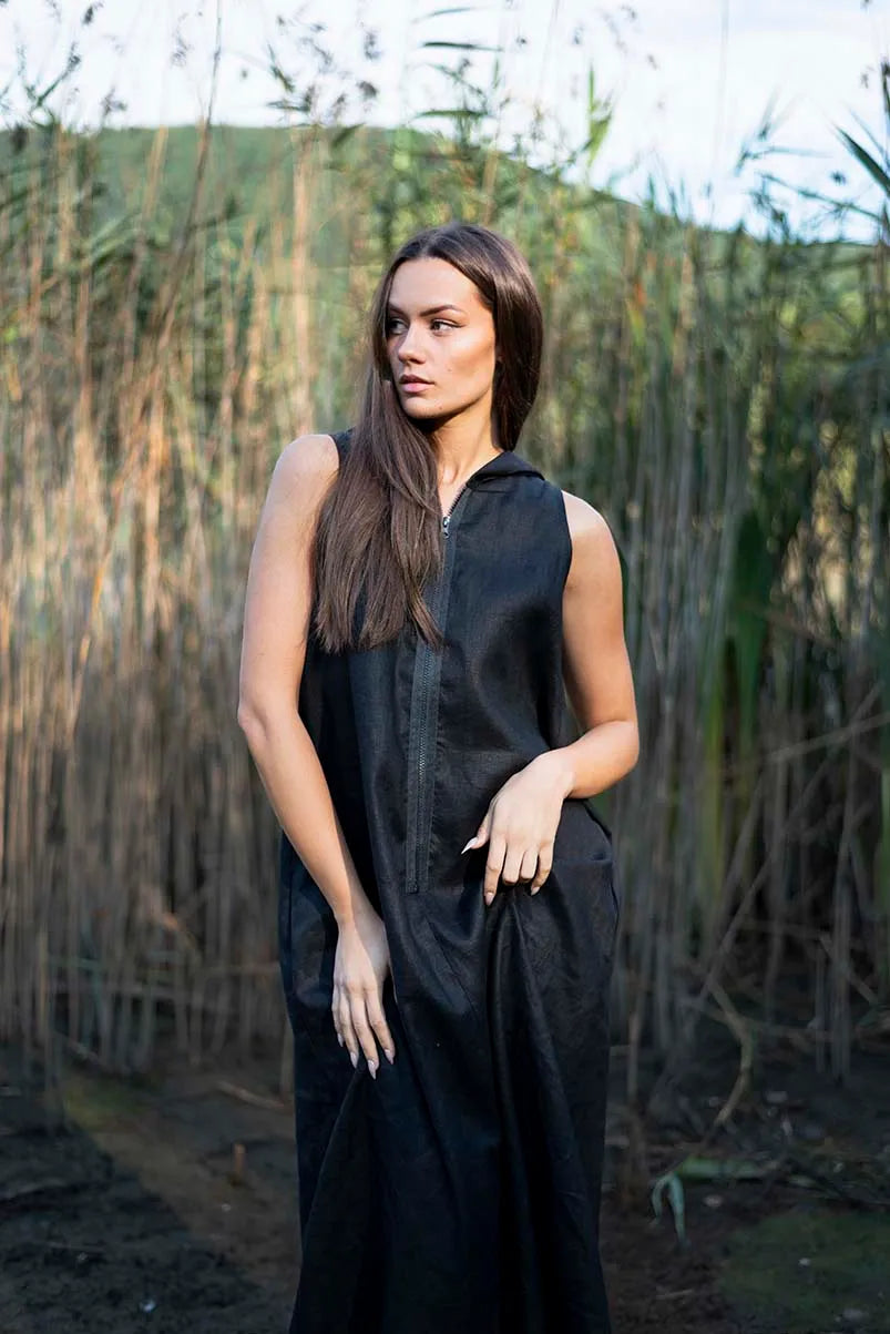 Black Linen Hoodie Dress with Zipper made of Pure Linen