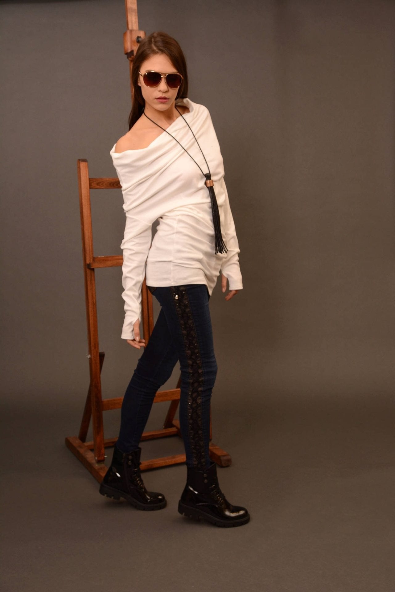 Knit Wool White Pullover Off Shoulder Sweater