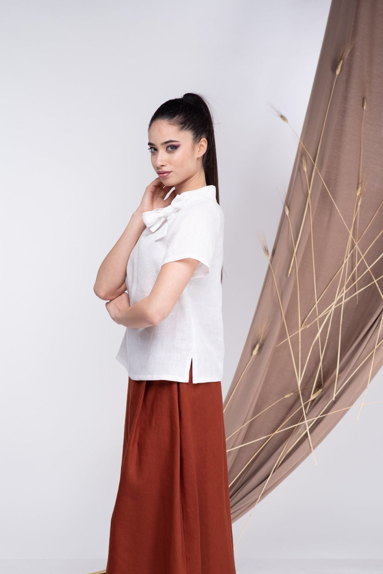 White Linen Short Sleeve Top