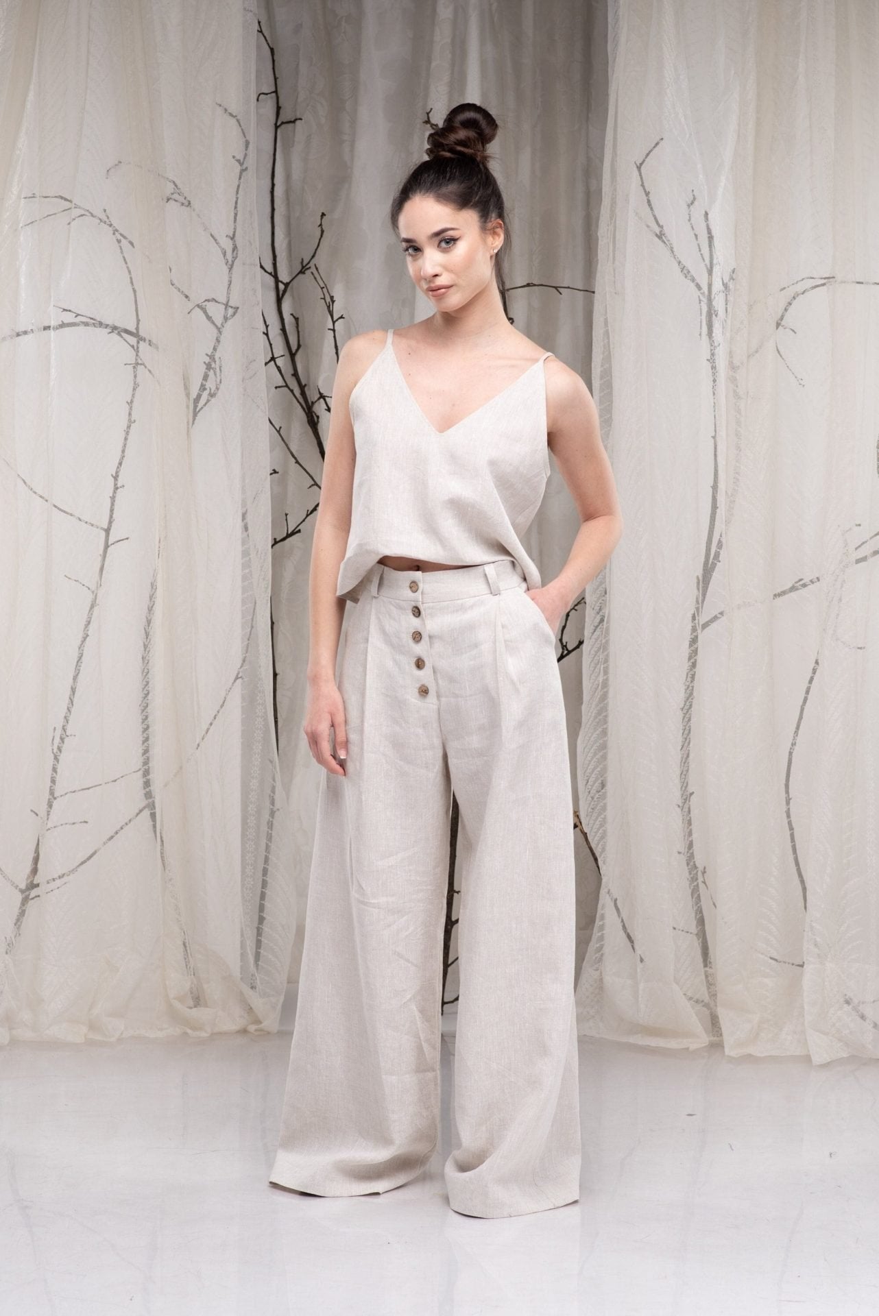 Linen Wide Leg Palazzo Trousers with Two Pockets