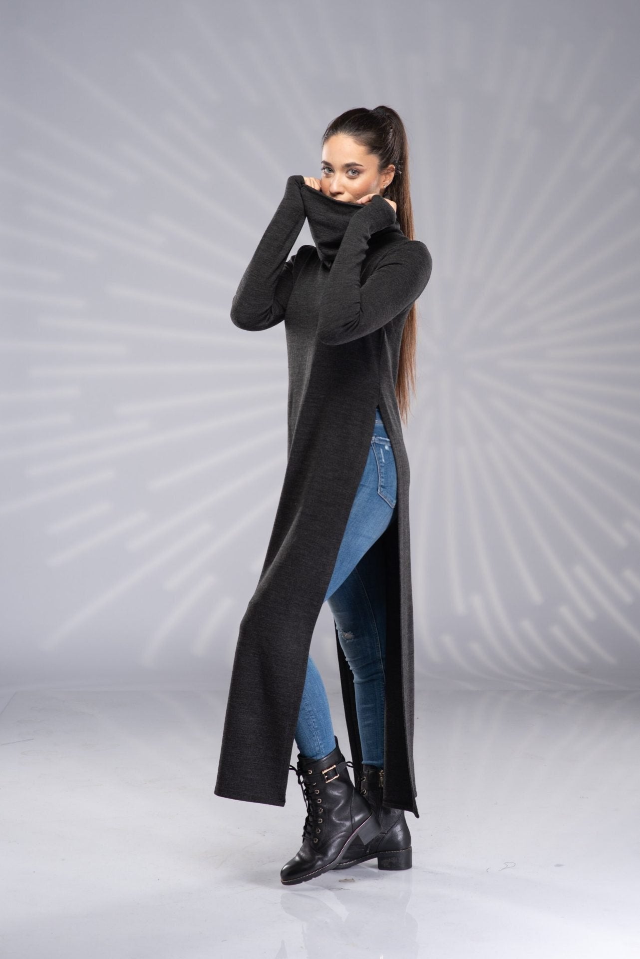 Long Turtleneck Knit Tunic Sweater Dress