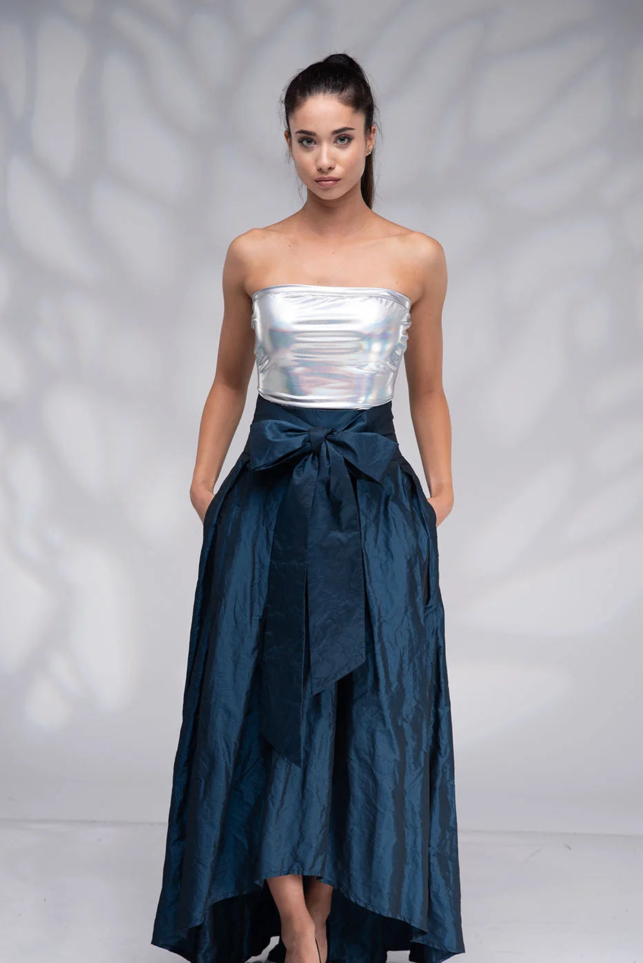 Long Navy Blue Taffeta Skirt with Tie Sash Bow - Formal High Low