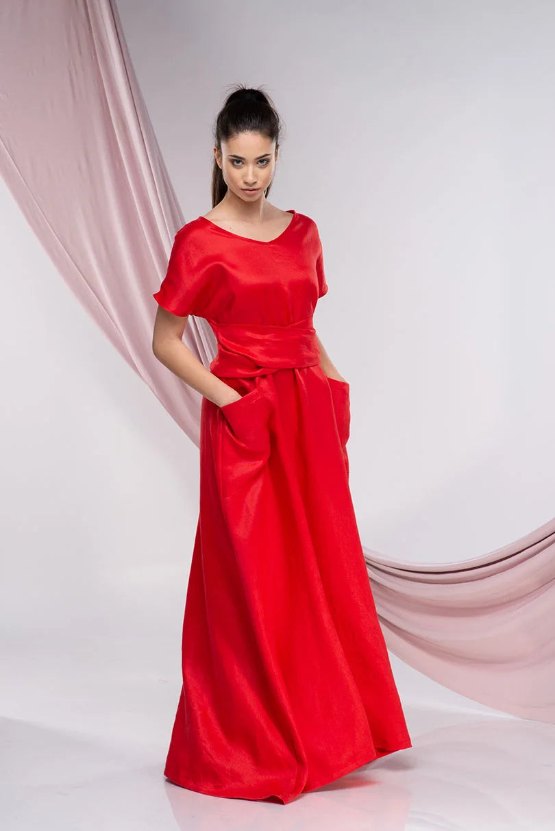 Red Linen Plus Size Cocktail Maxi Dress