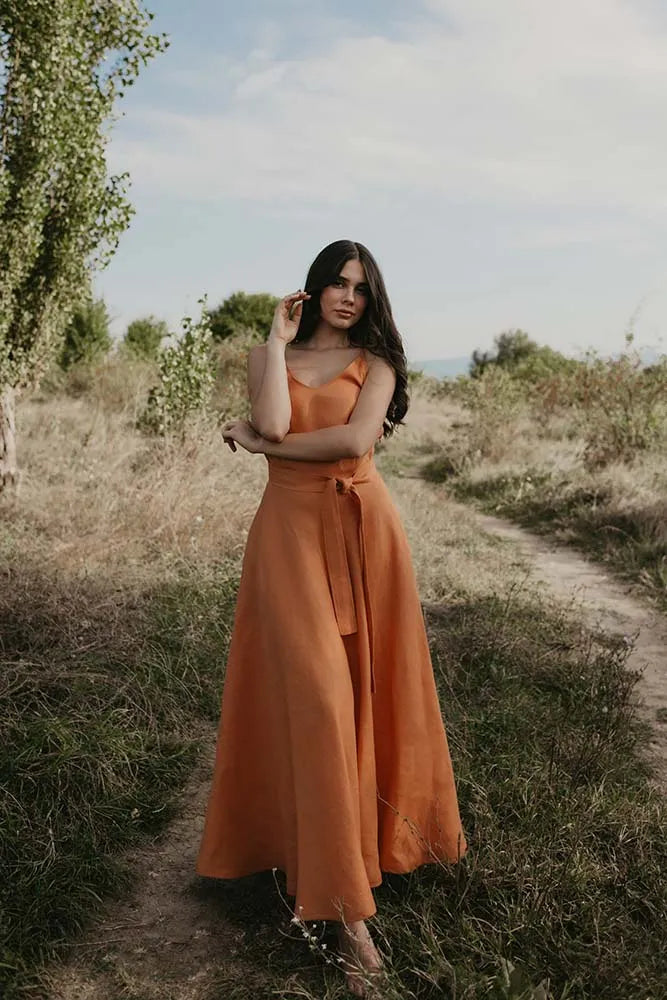 Rust Orange Spaghetti Strap Linen Maxi Dress with Tie Waist
