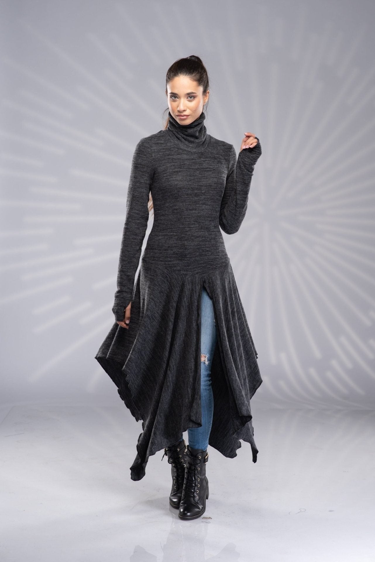 Long Turtleneck Asymmetrical High Low Draped Tunic with Thumb Hole