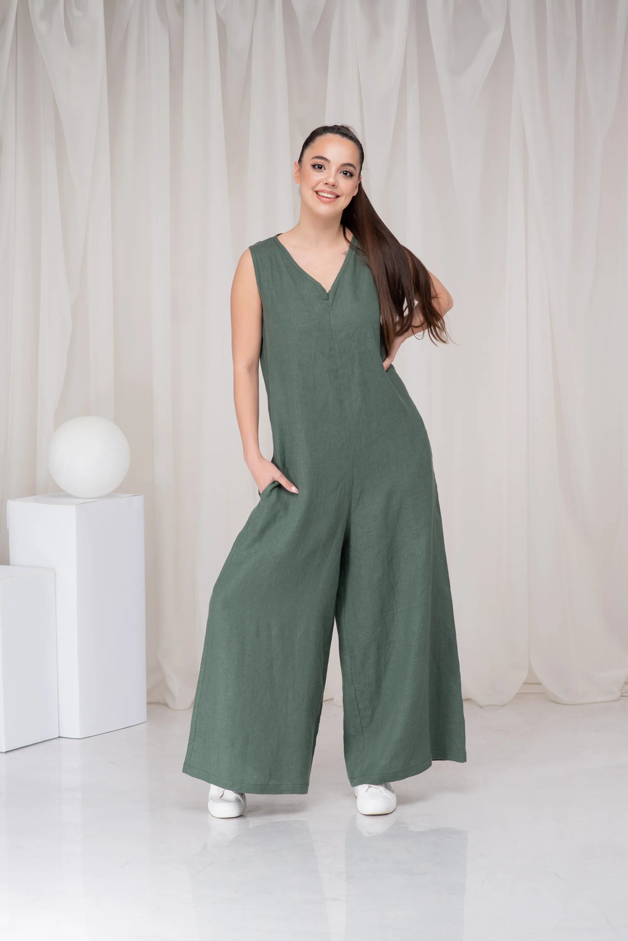 Green Linen Plus Size Wide Leg Loose Romper-Danellys.webp