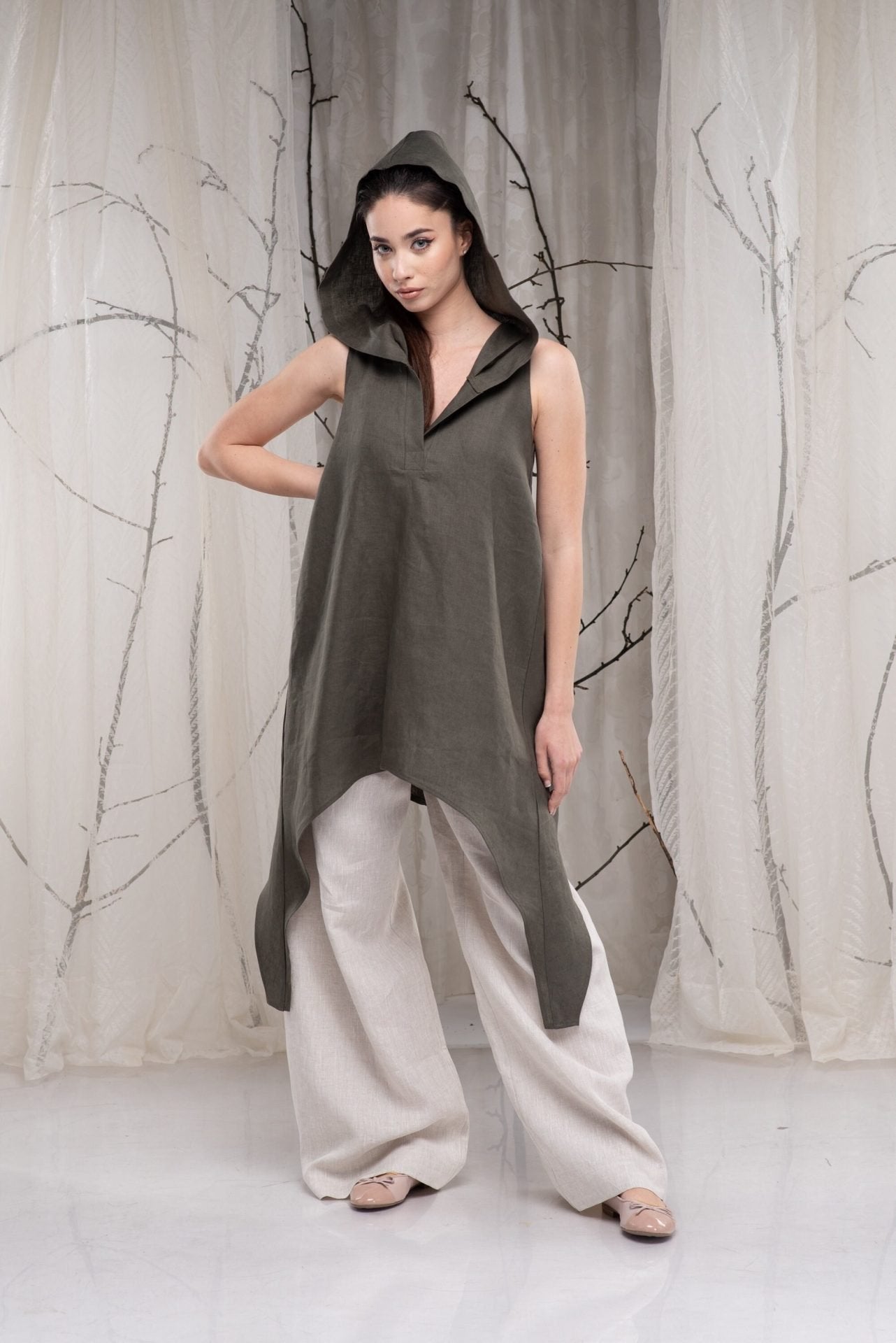 Hooded Linen Asymmetrical Sleeveless Oversized Tunic Shirt