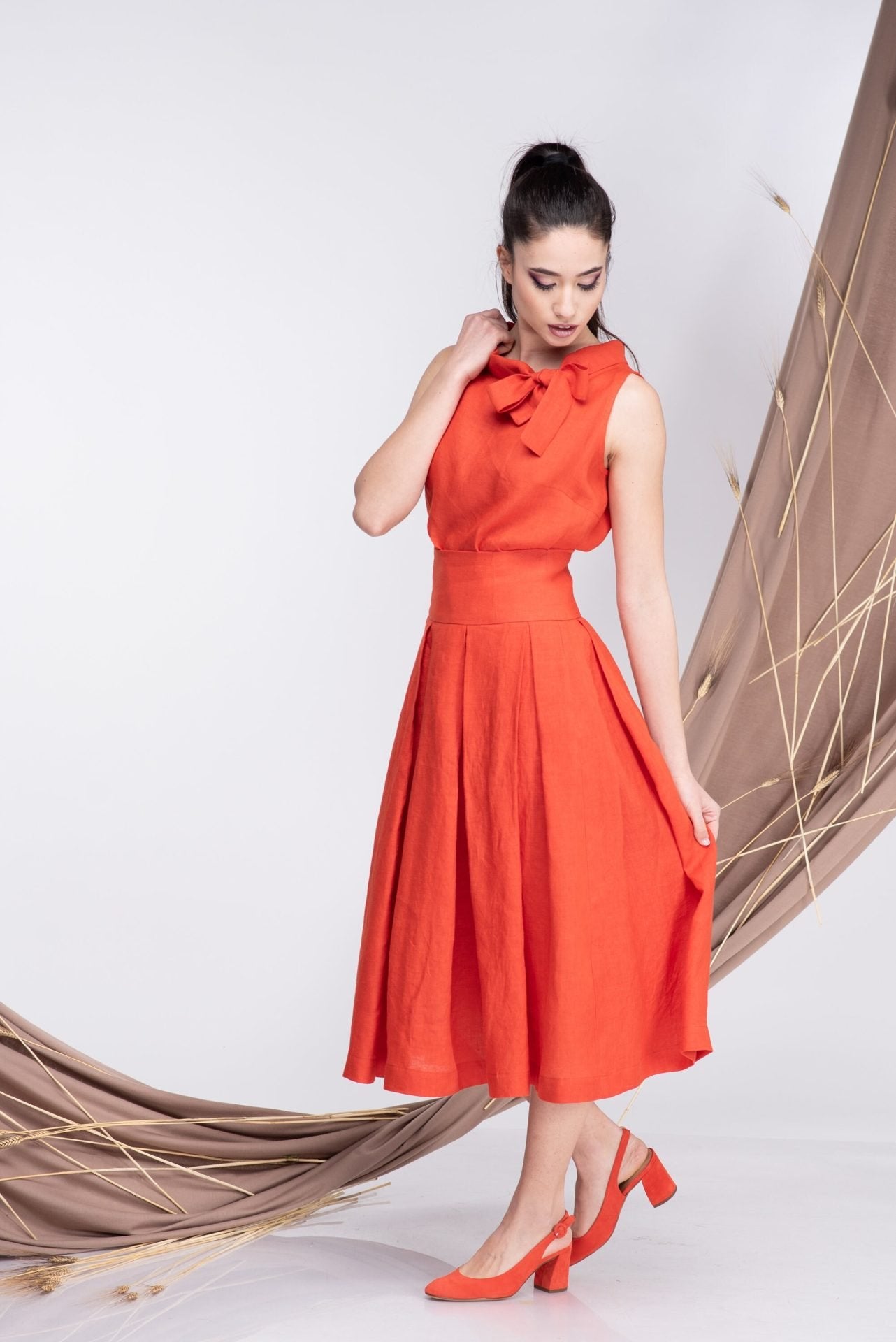 Linen Orange Sleeveless Summer Elegant Blouse