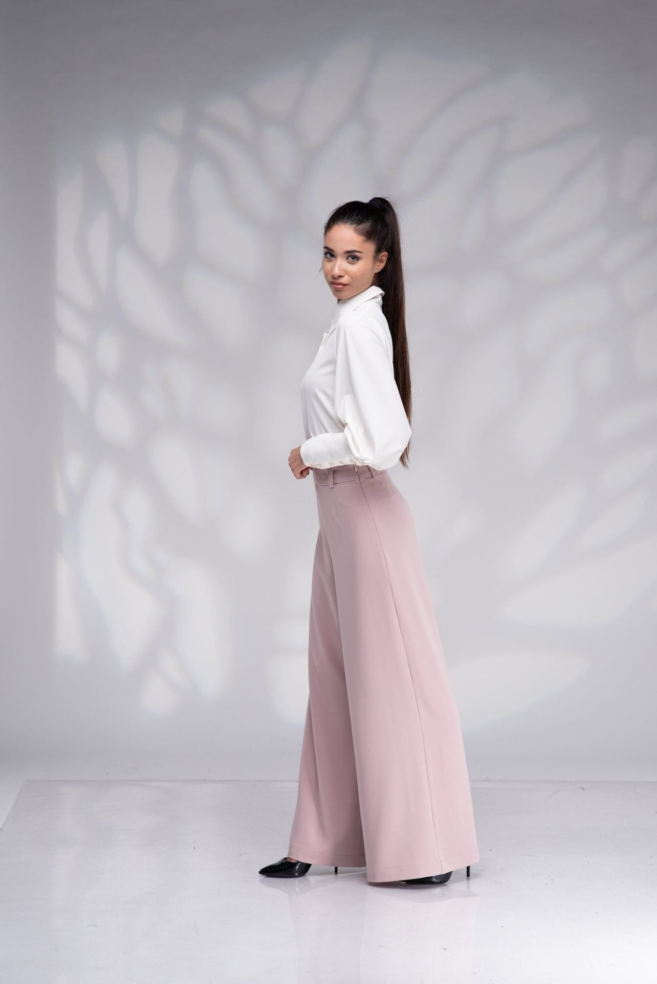 Wide Leg Palazzo High Waisted Flared Trousers with Side Zipper