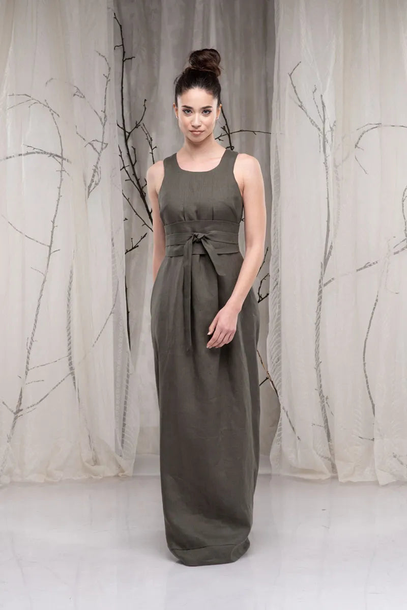 Linen Khaki Summer Maxi Dress with Obi Belt