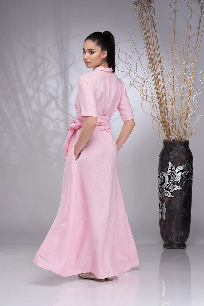 Long Wrap Linen Boho Dress with Shawl Collar and Linen Belt
