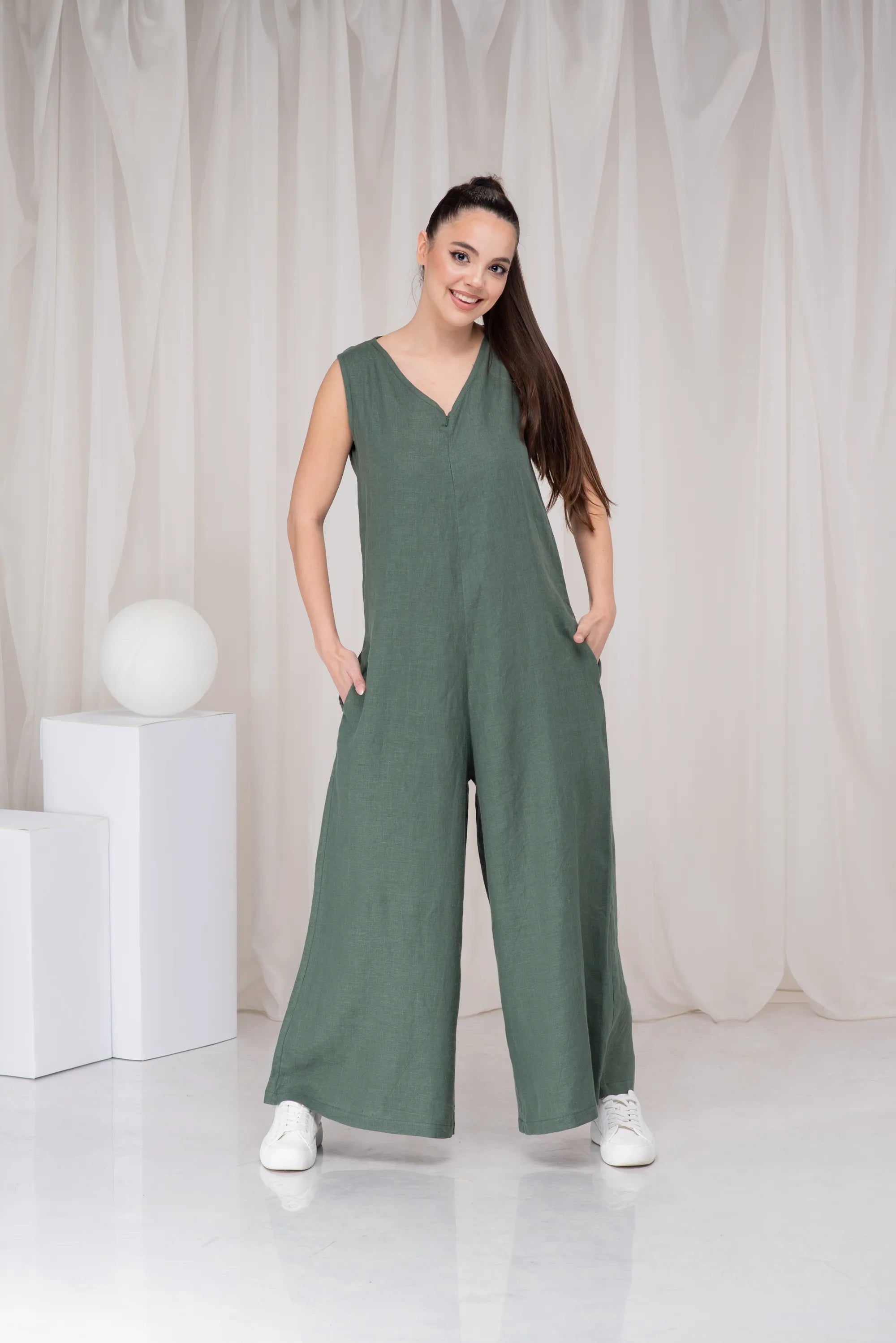 Green Linen Plus Size Wide Leg Loose Romper-Danellys-5.webp
