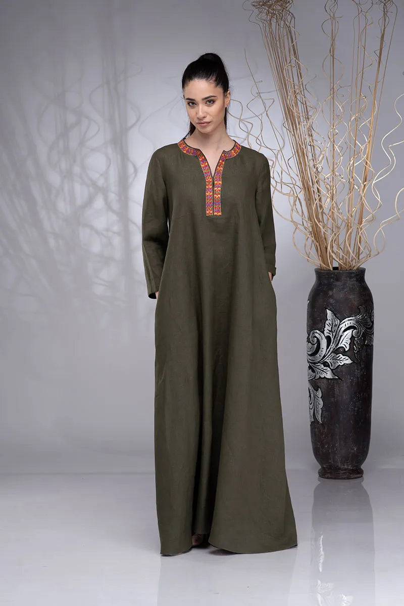Boho Linen Kaftan Maxi Embroidered Abaya Dress